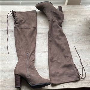 Taupe brown suede over the knee heeled boots
